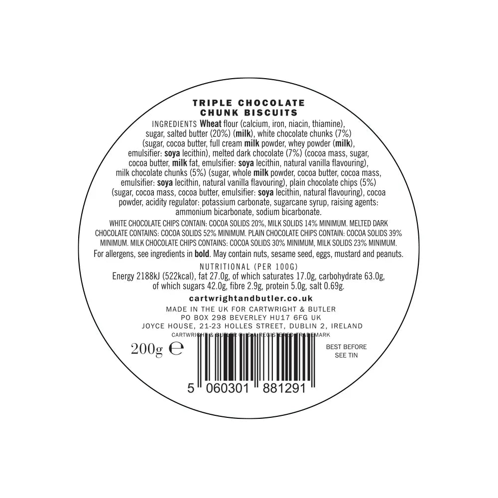 Cartwright & Butler Triple Chocolate Chunks Biscuits Tin 200g
