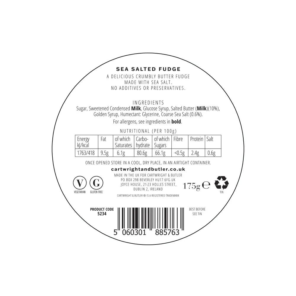 Cartwright & Butler Sea Salted Fudge Tin 175g