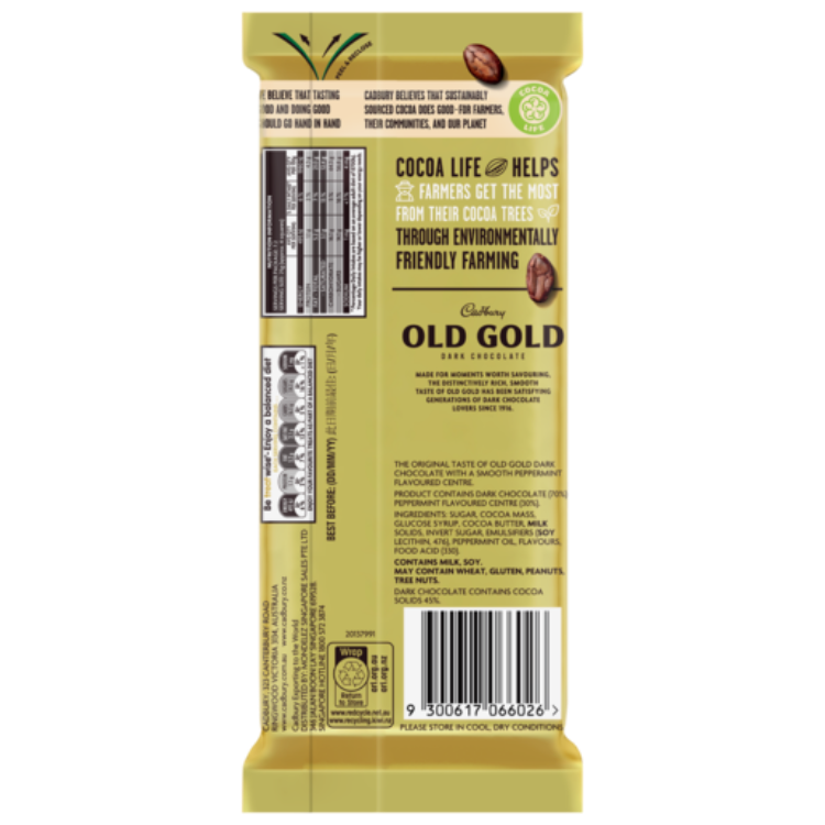 Cadbury Old Gold Dark Chocolate Peppermint Block 180g