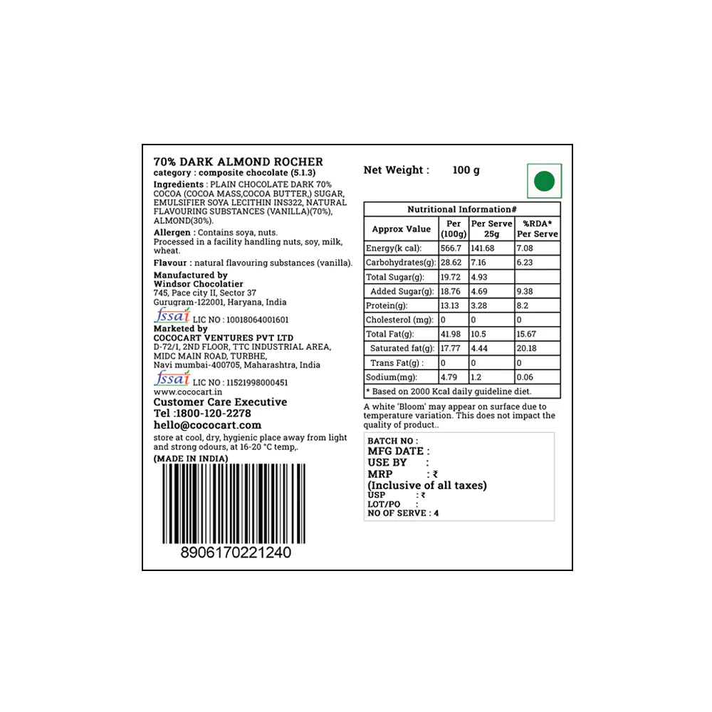Rhine Valley 70% Dark Almond Rocher 100g