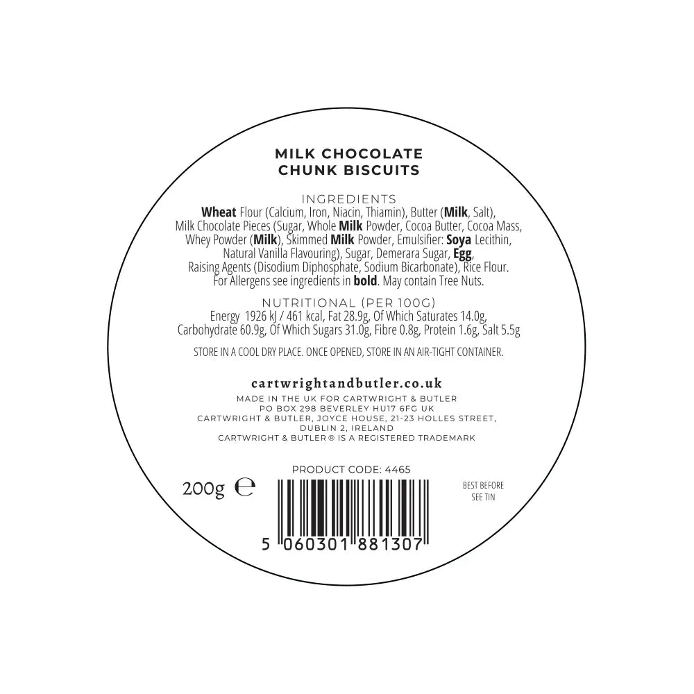 Cartwright & Butler Milk Chocolate Chunk Biscuits Tin 200g