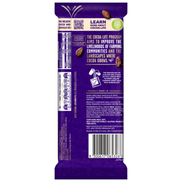Cadbury Dairy Milk Tropical Pineapple milk chocolate block 180g